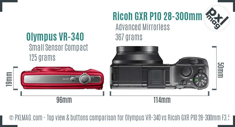 Olympus VR-340 vs Ricoh GXR P10 28-300mm F3.5-5.6 VC top view buttons comparison