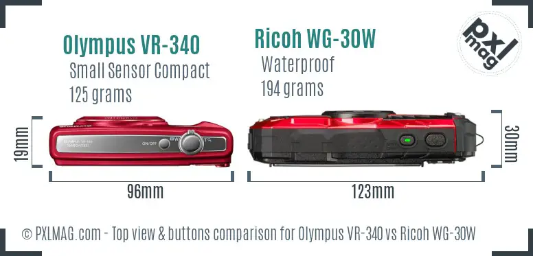 Olympus VR-340 vs Ricoh WG-30W top view buttons comparison