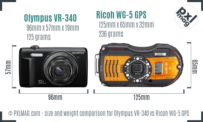 Olympus VR-340 vs Ricoh WG-5 GPS size comparison Olympus VR-340 vs Ricoh WG-5 GPS size comparison