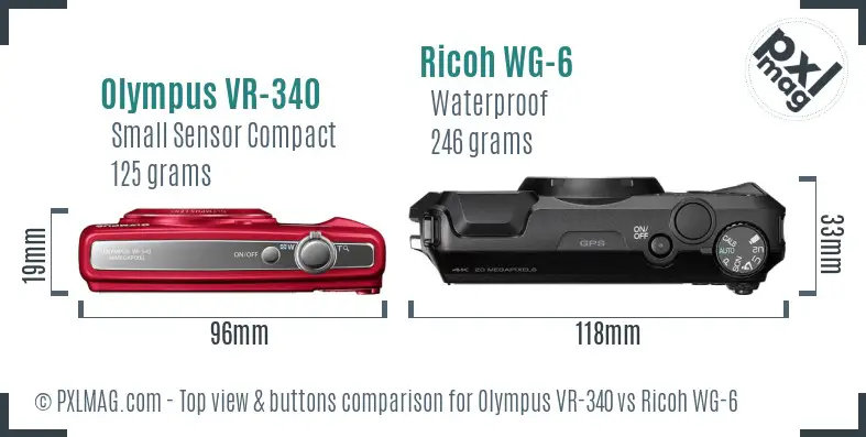 Olympus VR-340 vs Ricoh WG-6 top view buttons comparison Olympus VR-340 vs Ricoh WG-6 top view buttons comparison