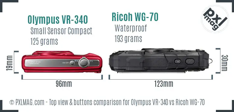 Olympus VR-340 vs Ricoh WG-70 top view buttons comparison Olympus VR-340 vs Ricoh WG-70 top view buttons comparison