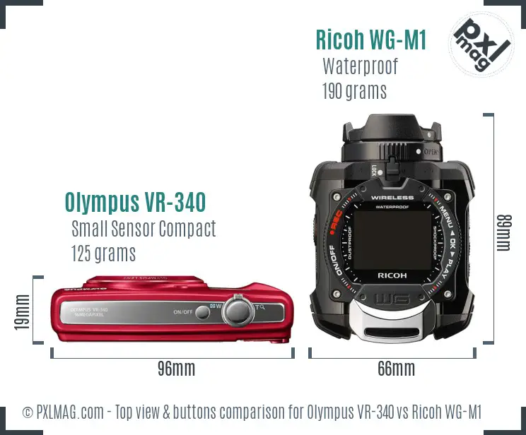 Olympus VR-340 vs Ricoh WG-M1 top view buttons comparison