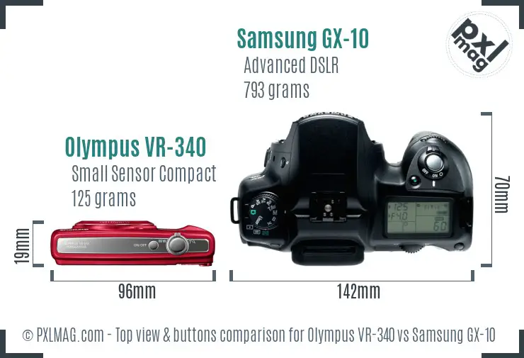 Olympus VR-340 vs Samsung GX-10 top view buttons comparison