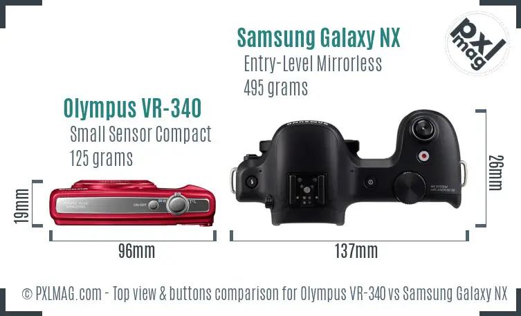 Olympus VR-340 vs Samsung Galaxy NX top view buttons comparison Olympus VR-340 vs Samsung Galaxy NX top view buttons comparison