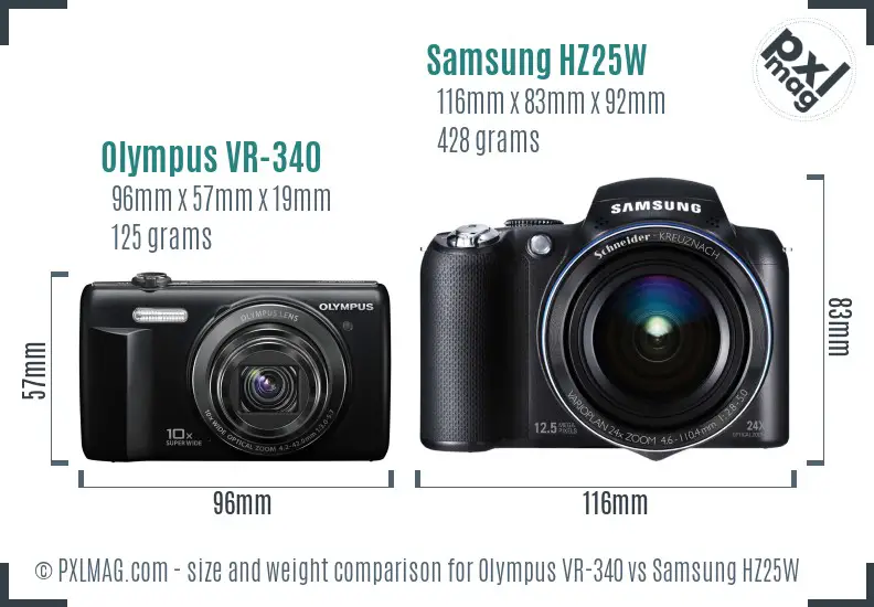 Olympus VR-340 vs Samsung HZ25W size comparison