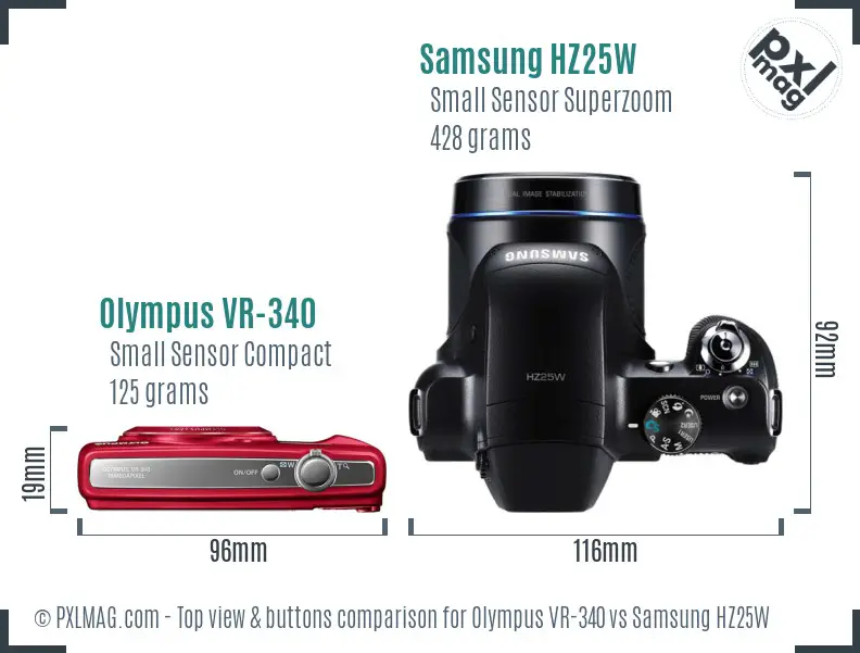 Olympus VR-340 vs Samsung HZ25W top view buttons comparison