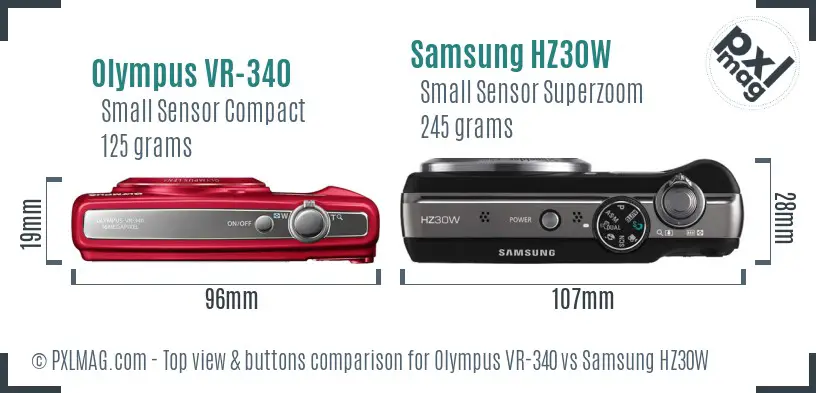 Olympus VR-340 vs Samsung HZ30W top view buttons comparison