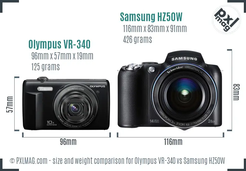 Olympus VR-340 vs Samsung HZ50W size comparison