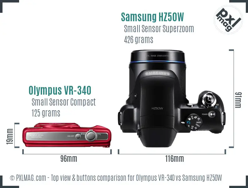 Olympus VR-340 vs Samsung HZ50W top view buttons comparison