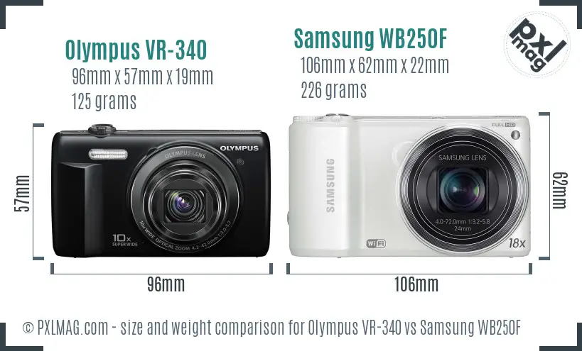 Olympus VR-340 vs Samsung WB250F size comparison