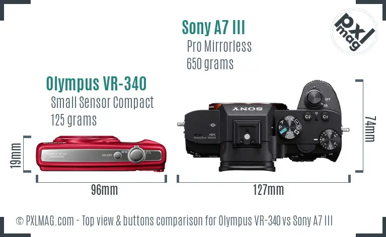 Olympus VR-340 vs Sony A7 III top view buttons comparison