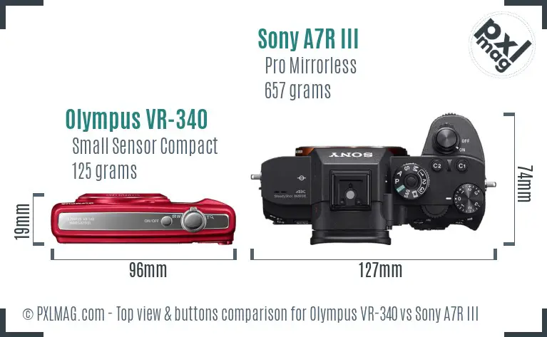 Olympus VR-340 vs Sony A7R III top view buttons comparison