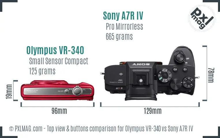 Olympus VR-340 vs Sony A7R IV top view buttons comparison