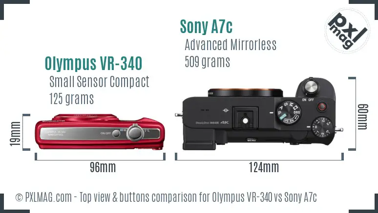 Olympus VR-340 vs Sony A7c top view buttons comparison