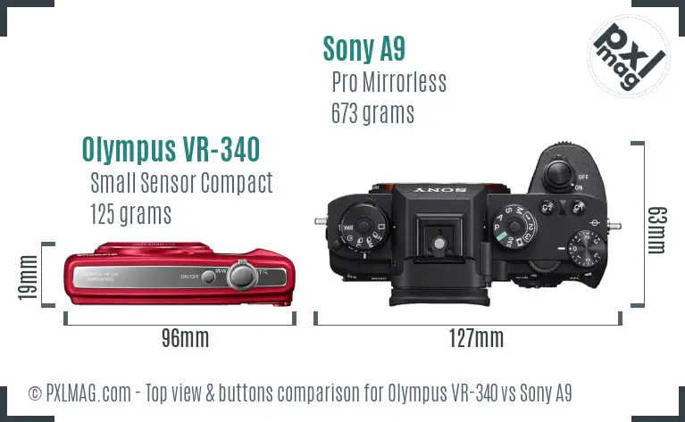 Olympus VR-340 vs Sony A9 top view buttons comparison