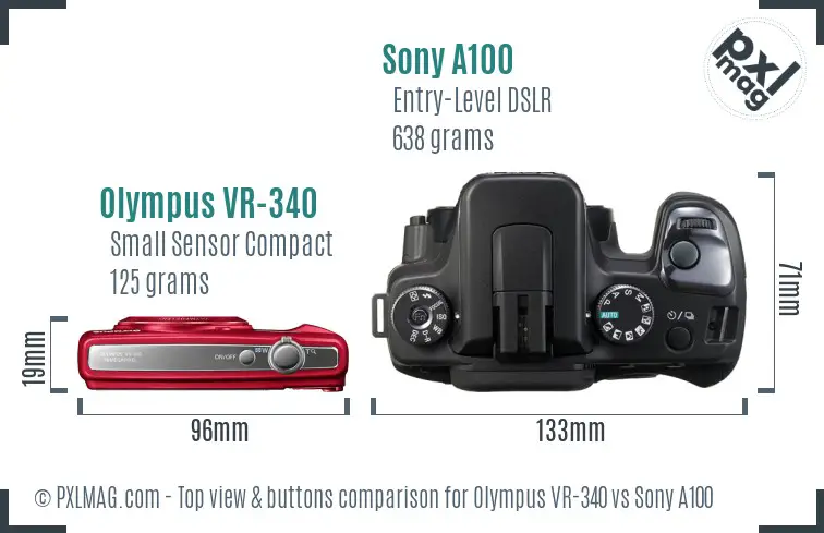 Olympus VR-340 vs Sony A100 top view buttons comparison