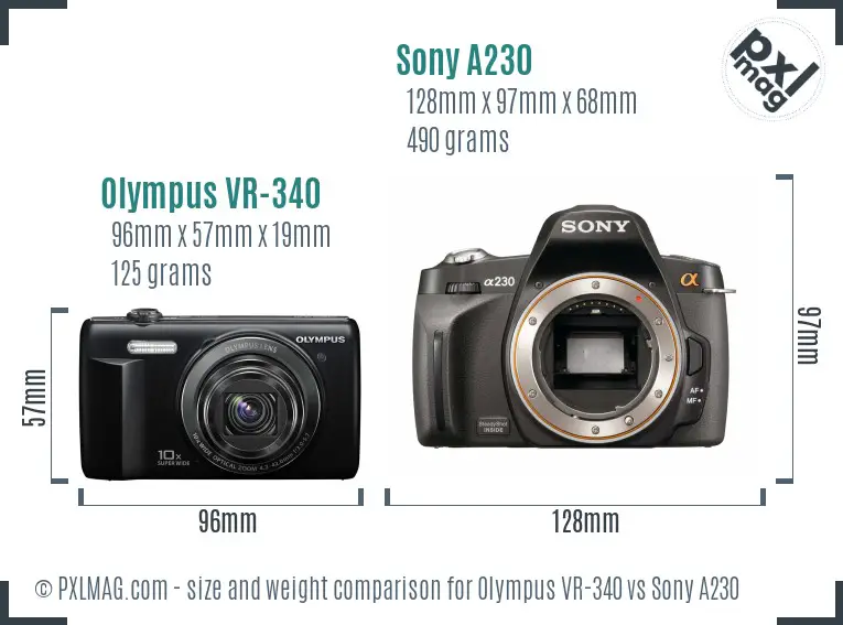 Olympus VR-340 vs Sony A230 size comparison