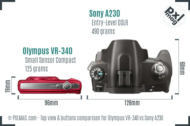 Olympus VR-340 vs Sony A230 top view buttons comparison