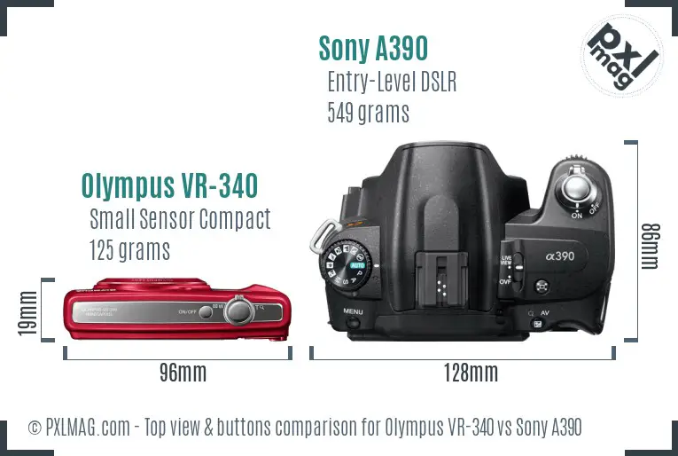 Olympus VR-340 vs Sony A390 top view buttons comparison