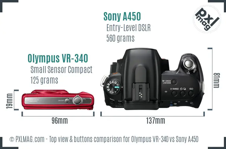 Olympus VR-340 vs Sony A450 top view buttons comparison