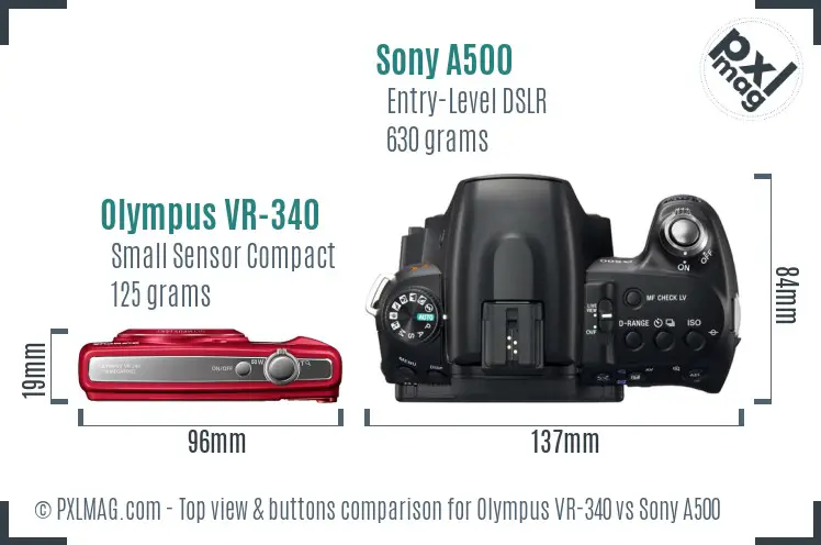 Olympus VR-340 vs Sony A500 top view buttons comparison