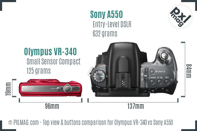 Olympus VR-340 vs Sony A550 top view buttons comparison