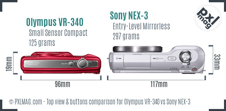 Olympus VR-340 vs Sony NEX-3 top view buttons comparison