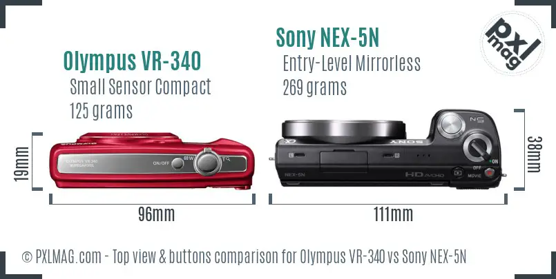 Olympus VR-340 vs Sony NEX-5N top view buttons comparison