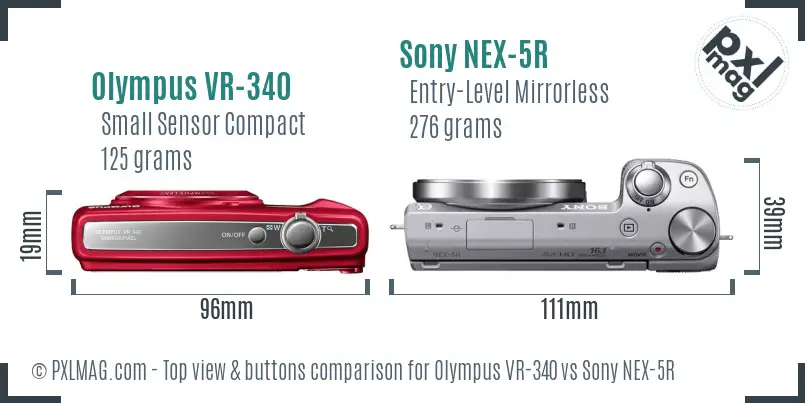 Olympus VR-340 vs Sony NEX-5R top view buttons comparison