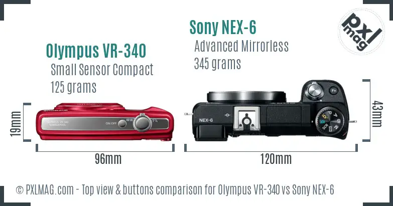 Olympus VR-340 vs Sony NEX-6 top view buttons comparison