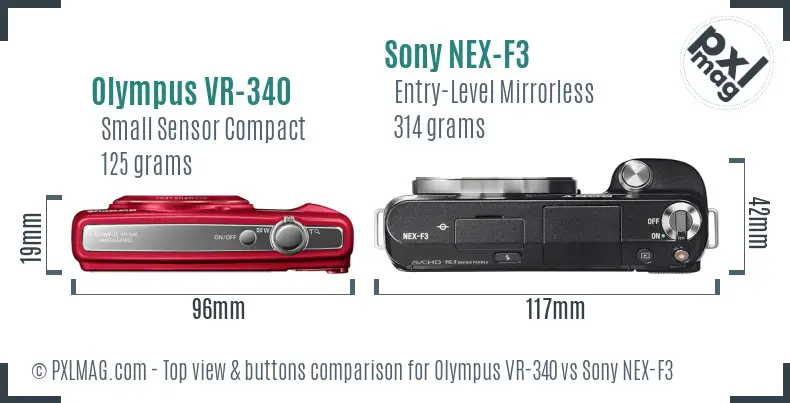 Olympus VR-340 vs Sony NEX-F3 top view buttons comparison