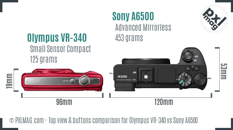 Olympus VR-340 vs Sony A6500 top view buttons comparison