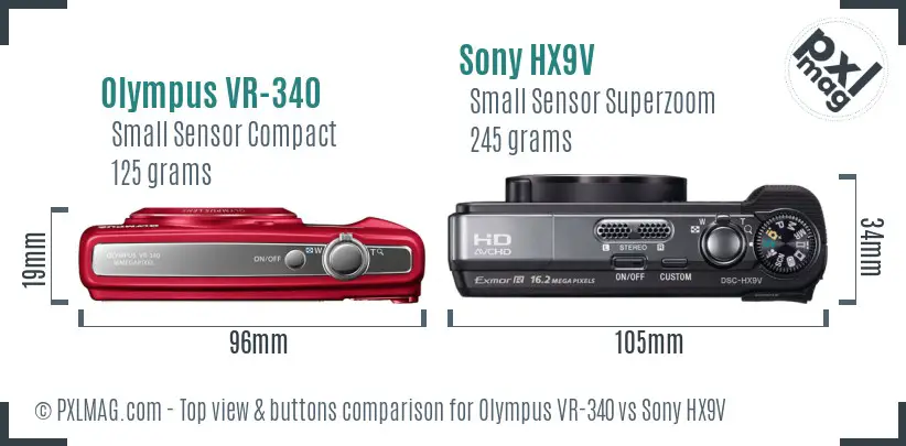 Olympus VR-340 vs Sony HX9V top view buttons comparison