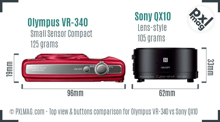 Olympus VR-340 vs Sony QX10 top view buttons comparison