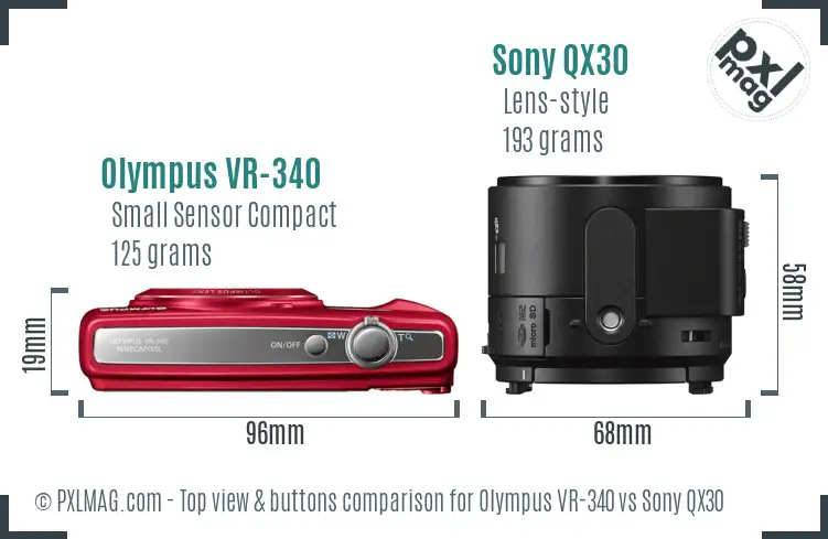 Olympus VR-340 vs Sony QX30 top view buttons comparison