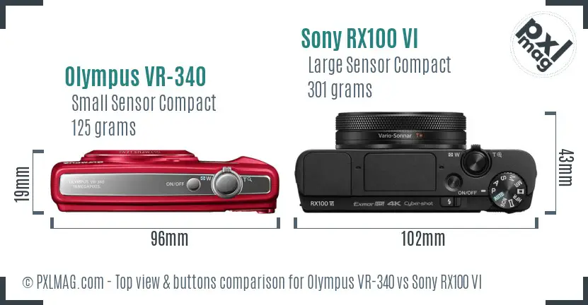 Olympus VR-340 vs Sony RX100 VI top view buttons comparison Olympus VR-340 vs Sony RX100 VI top view buttons comparison