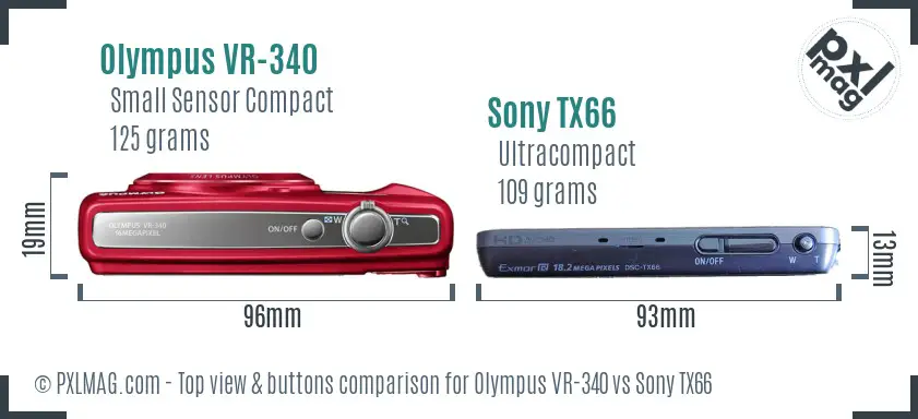 Olympus VR-340 vs Sony TX66 top view buttons comparison Olympus VR-340 vs Sony TX66 top view buttons comparison