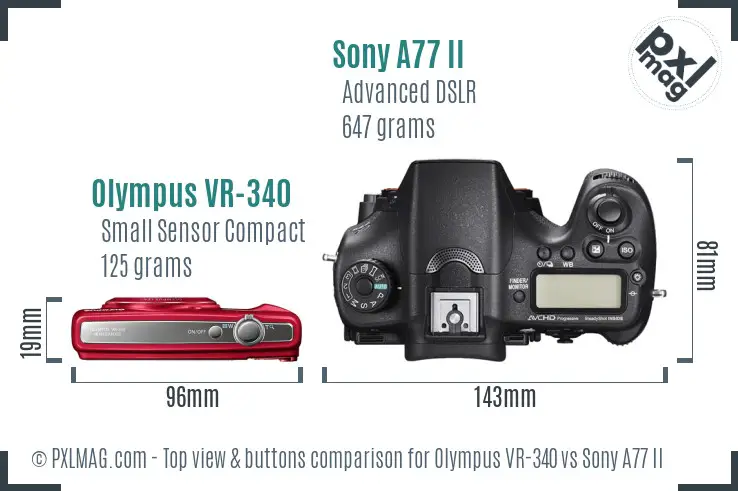 Olympus VR-340 vs Sony A77 II top view buttons comparison