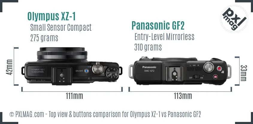 Olympus XZ-1 vs Panasonic GF2 top view buttons comparison Olympus XZ-1 vs Panasonic GF2 top view buttons comparison