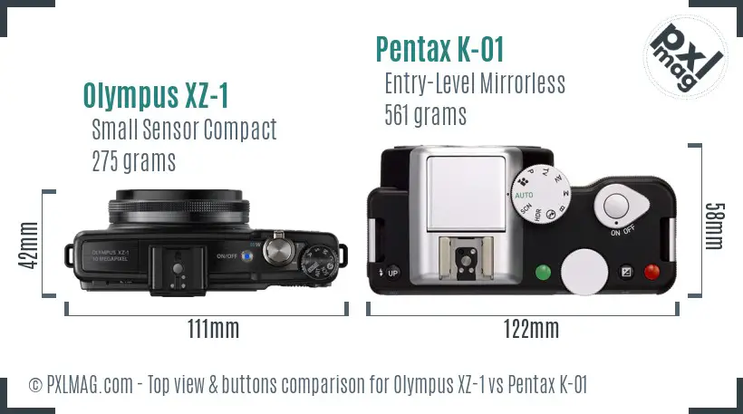 Olympus XZ-1 vs Pentax K-01 top view buttons comparison