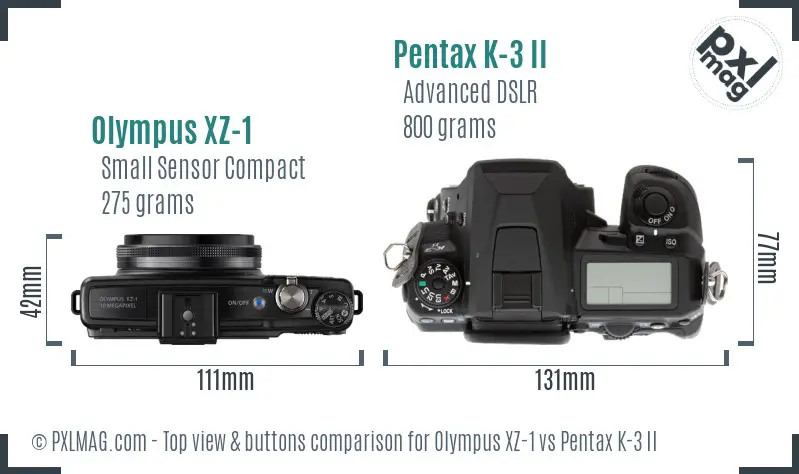 Olympus XZ-1 vs Pentax K-3 II top view buttons comparison