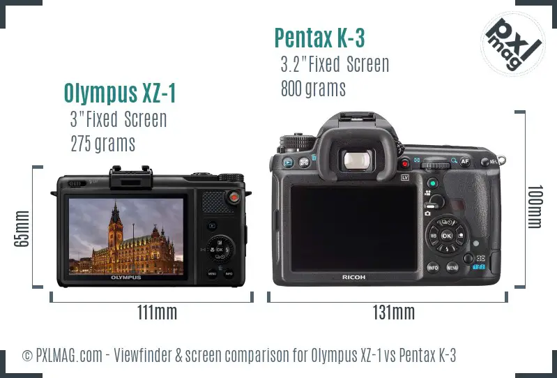 Olympus XZ-1 vs Pentax K-3 Screen and Viewfinder comparison