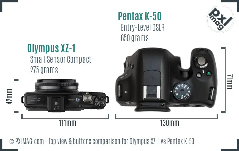 Olympus XZ-1 vs Pentax K-50 top view buttons comparison