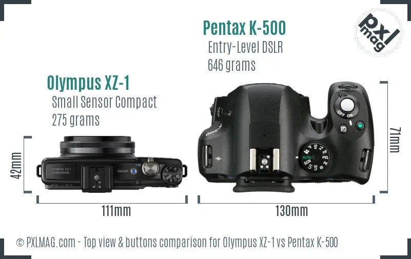 Olympus XZ-1 vs Pentax K-500 top view buttons comparison