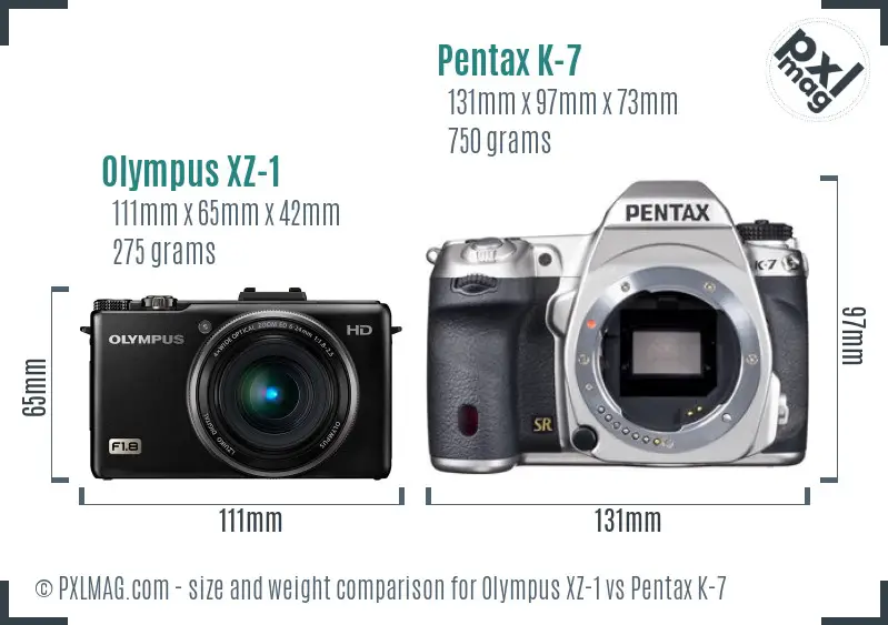 Olympus XZ-1 vs Pentax K-7 size comparison