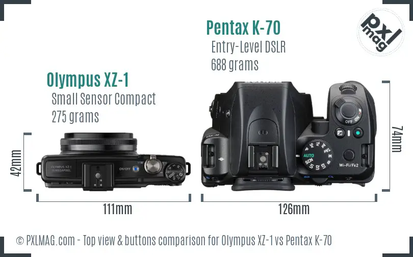 Olympus XZ-1 vs Pentax K-70 top view buttons comparison