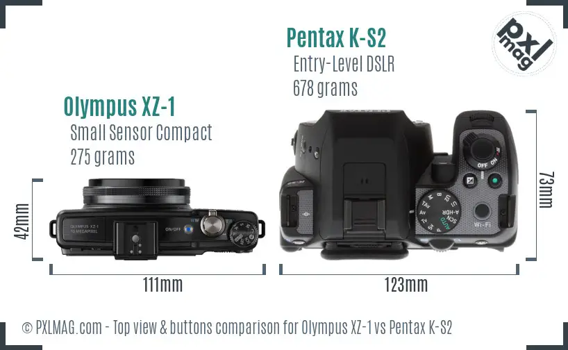 Olympus XZ-1 vs Pentax K-S2 top view buttons comparison