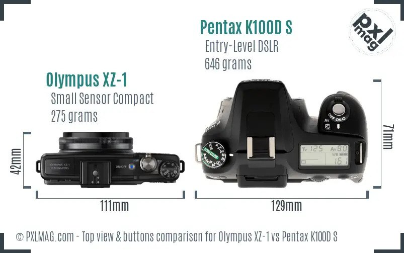 Olympus XZ-1 vs Pentax K100D S top view buttons comparison