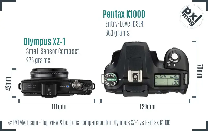 Olympus XZ-1 vs Pentax K100D top view buttons comparison