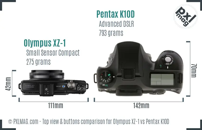 Olympus XZ-1 vs Pentax K10D top view buttons comparison